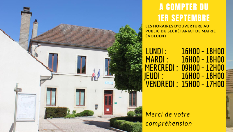 Nouveaux horaires pour le secrétariat de Mairie dès le 1er septembre